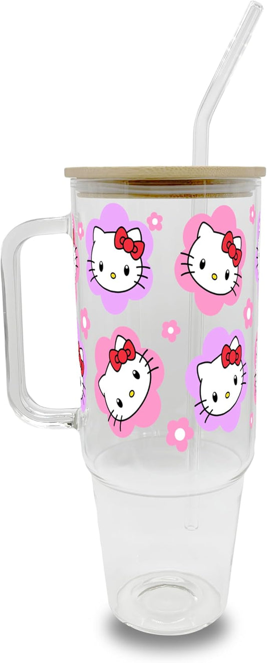 Sip-Sip Hooray! 40oz Pink Hello Kitty Floral Glass Tumbler with Lid and Straw Iced Coffee Cup, Custom Drinkware Aesthetic Tumblers Mug