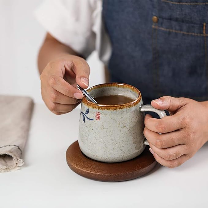 Vintage Coffee Mug Japanese Retro Style Ceramic Cups, 380ml Kiln Change Clay Breakfast Cup Creative Gift for Friends(Style E)
