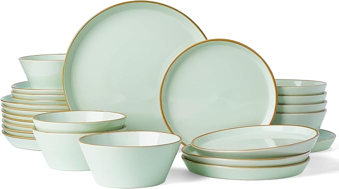 Famiware Saturn Stoneware Dinnerware Sets for 8 (24 Pieces), Ceramic Plates and Bowls Dish Sets with Hand-Painted Trim - Chip & Scratch Resistant, Microwave & Dishwasher Safe Tableware, Light Green
