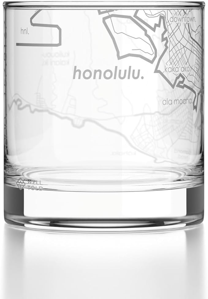 Well Told Engraved Honolulu Hawaii Map Rocks Glass, Old Fashioned Glassware (11 oz, Clear) Etched Bourbon Tumbler, Gifts For Whiskey Lovers