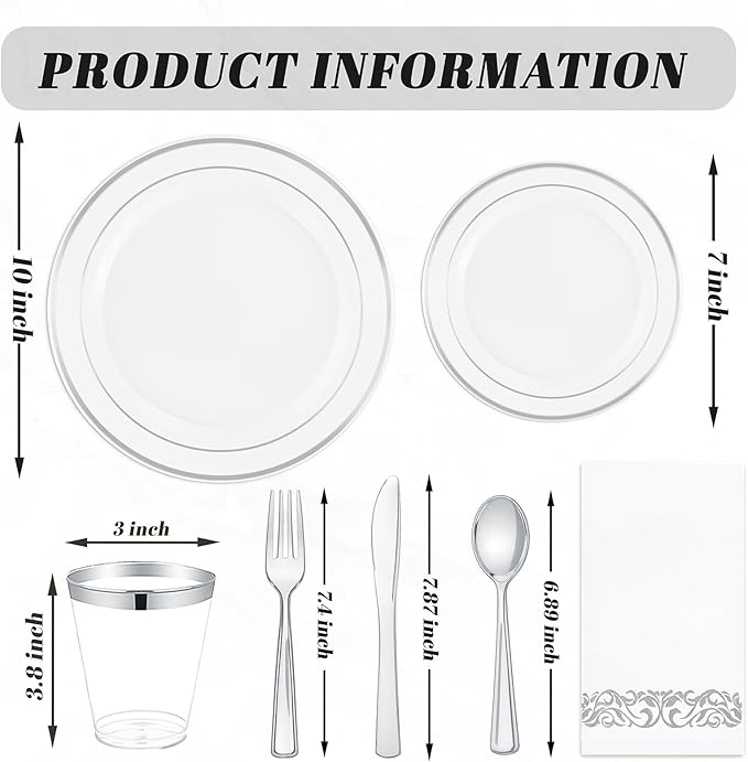WDF 175PCS White and Silver Plastic Plates - Plastic Plates - 25Guests Silver Disposable Dinnerware Sets for Wedding/Birthday/Holiday/Valentine's Day