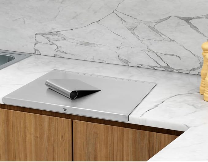 Stainless Steel Cutting Board with Lip | Small size | With Free Dough Cutter for Kitchen Needs | Countertop Metal Baking Board | Meat Chopping | Dishwasher Safe, 15.74 | Valentines gift