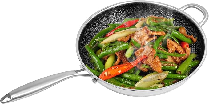 13.4 Inch Skillet Nonstick, 316 Stainless Steel Nonstick Wok Pan with Lid-Honeycomb Stir-Fry Skillet, Stir-Fry Wok with Lid Suitable for Gas Stoves, Induction Cookers and Ceramic Stove
