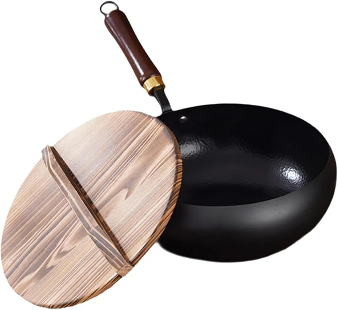 Iron Wok Nonstick Wok with Wooden Lid Soup Pot Skillet Frying Pan for Stir Frying and Stewing Open Flame Cooking Gas Stoves, 26cm