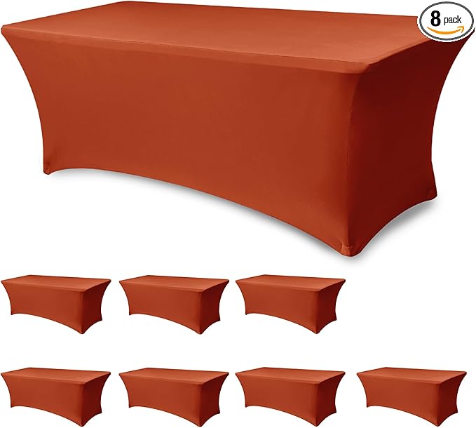 Table Cover for 6 Foot Rectangle Tables-8 Pack Rust Fitted Stretch Fall Tablecloth-Spandex 6ft Thanksgiving Tablecloths for Party, Vendor Booth Display, Banquet Event, Craft Trade Show