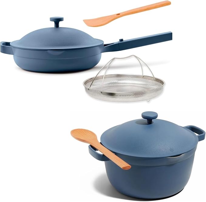 Our Place Cookware Duo | 7-Piece Ceramic Cookware Set with 10.5" Always Pan 2.0, 5.5 Qt Perfect Pot & Strainer Basket | Induction & Oven Safe up to 450°F | Nonstick, Non-Toxic Cookware | Blue Salt