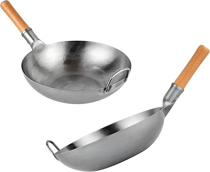 Restaurantware-Motomori 13.38 Inch Hand-Hammered Carbon Steel Wok, 10 Traditional Japanese Wok - Flat Bottom, Wooden Handle, Black Carbon Steel Traditional Stir Fry Pan, With Helper Handle