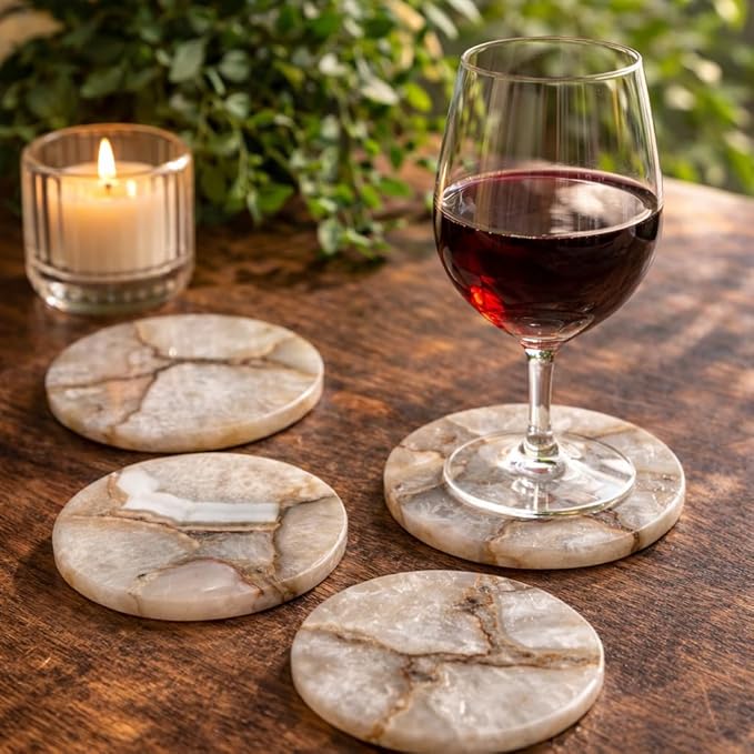 Set of 4, Luxury Natural Agate Coasters Set – Handcrafted Stone Drink Coasters for Serveware, Coffee Table Decor, Housewarming Gift & Wedding Gift – Modern Home Decor