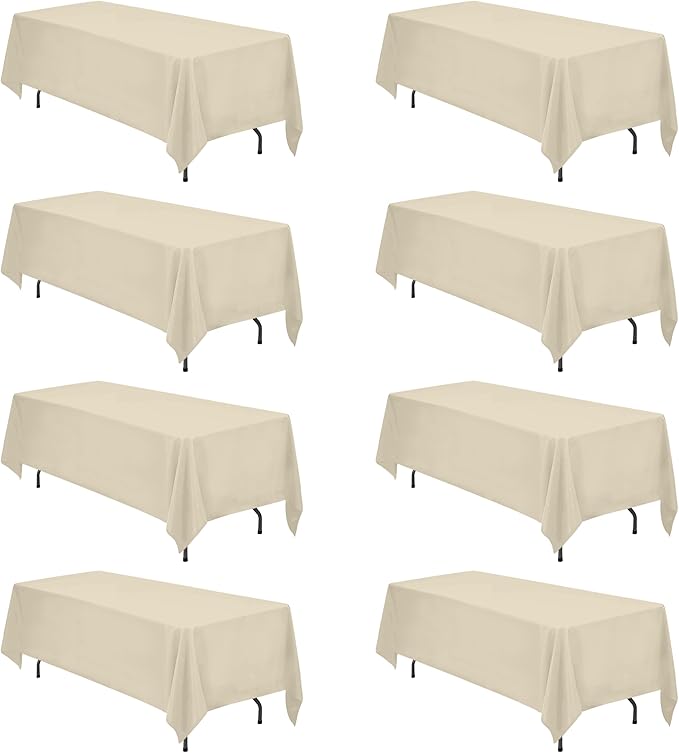 BRILLMAX 8 Pack Beige Tablecloths 70 x 120 Inch for 6ft & 8ft Rectangle Tables - 150 GSM Polyester Fabric, Universal Fit, Water, Stain & Wrinkle Resistant Cloth Cover for Wedding Reception Banquet