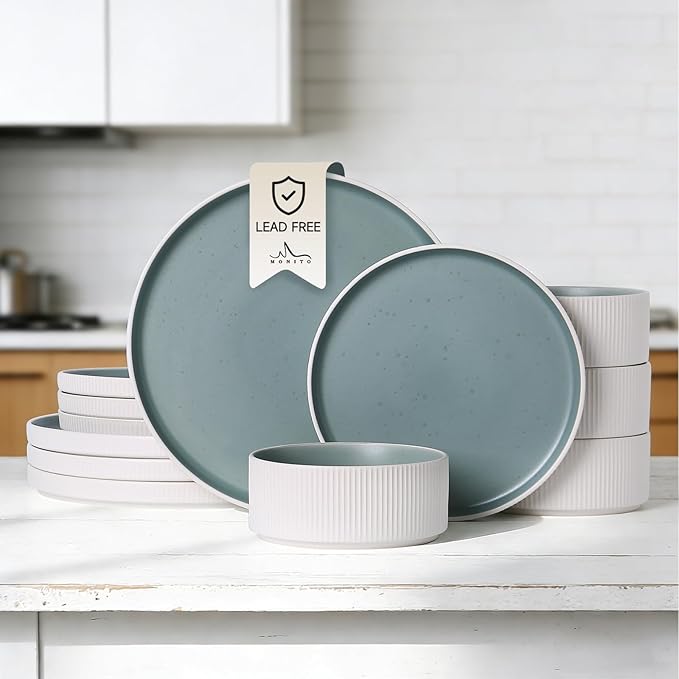 MONITO Ceramic Dinnerware Sets for 4, 12PCS Stoneware Plates and Bowls Sets, Reactive Glaze Dish Set, Chip and Scratch Resistant Double, Microwave and Dishwasher Safe, White Cyan