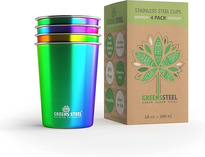 10oz Kids Cups – Stainless Steel Cups for Home, Party, Camping & Outdoor Activities – BPA Free, Unbreakable, Premium Stackable Metal Drinking Glasses for Children (4-Pack)