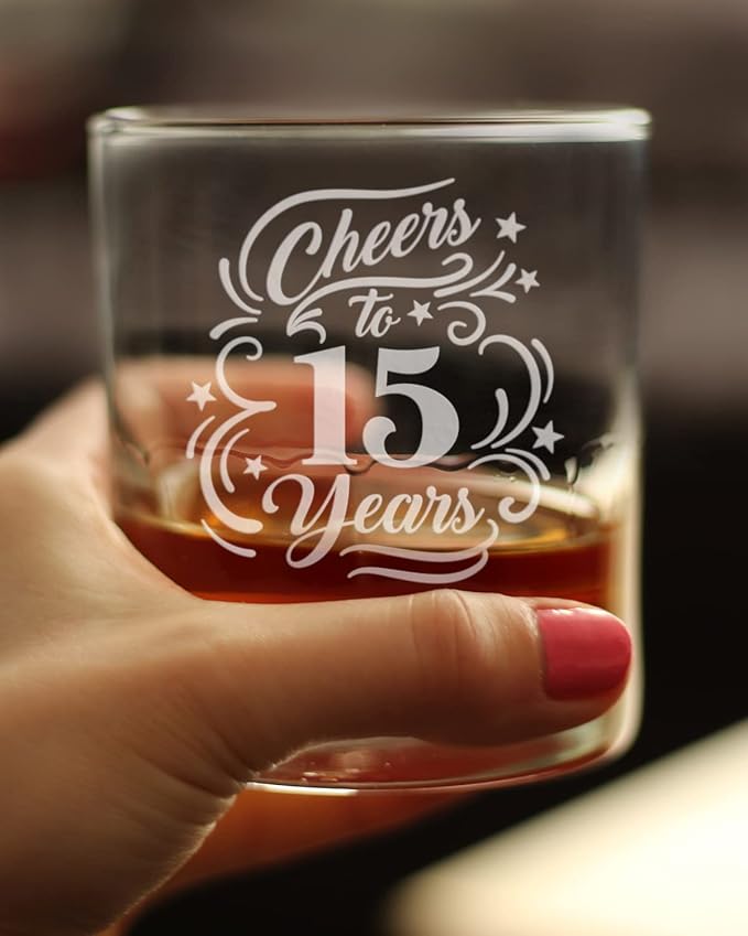 Bevvee Cheers to 15 Years - Whiskey Rocks Glass Gifts for Women & Men - 15th Anniversary Party Decor - 10.25 Oz Glasses