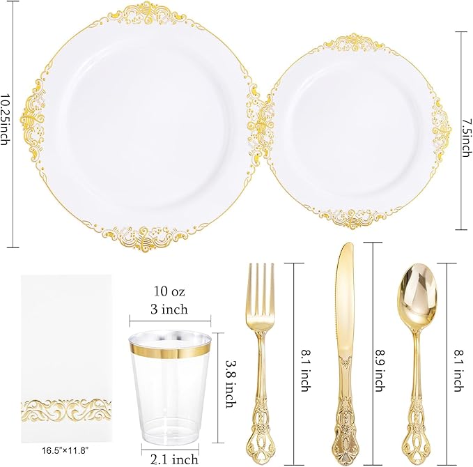 YOUBET 700PCS Gold Plastic Dinnerware Set - White and Gold Disposable Plates for 100 Guest - 200 Disposable Plates, 300 Heavy Duty Plastic Silverware, 100 Cups,100 Napkins for Wedding