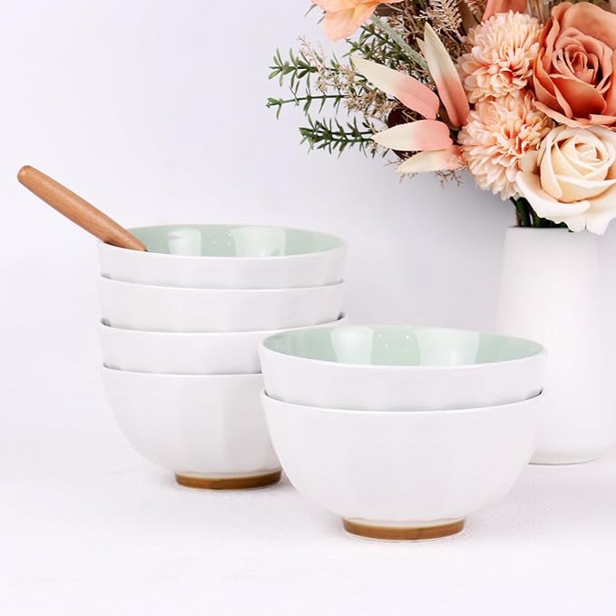 6-Piece Pasta Bowls 24 oz, Green Porcelain 6 inch, Microwave Oven Dishwasher Safe Scratch Resistant