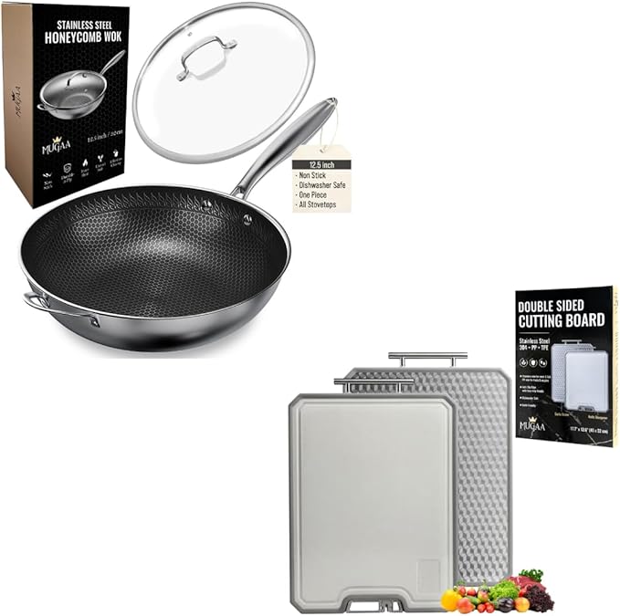 Nonstick Honeycomb Hybrid 12.5" Stainless Steel Wok with Lid + Large 304 Steel Cutting Board Double Sided | Premium Kitchen Bundle