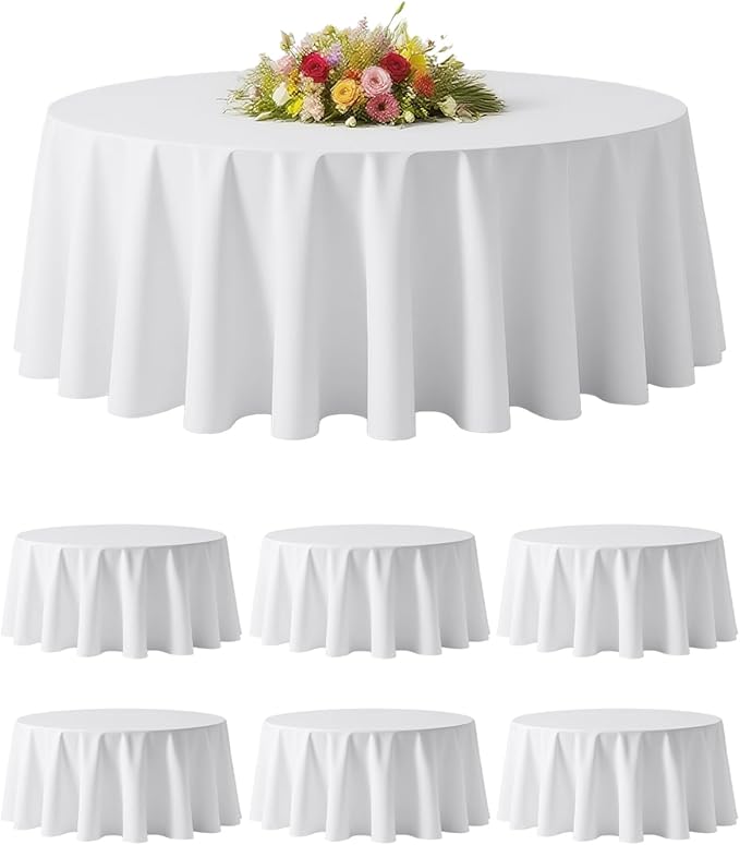BESTVIP 6 Pack 60 Inch White Washable Round Polyester Fabric Tablecloths - Decorative Table Cover for Wedding Party Dining Banquet, Events, Holiday, Restaurant