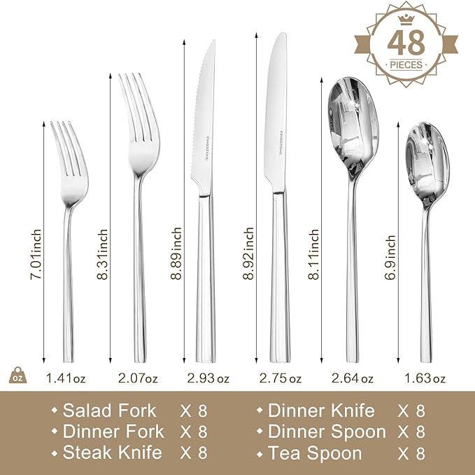 KINGSTONE Silverware Set with Steak Knives, 48-Piece Forged Flatware Set Cutlery Set Premium Stainless Steel, Service for 8, for Kitchen, Home, Wedding, Party, Mirror Polished and Dishwasher Safe