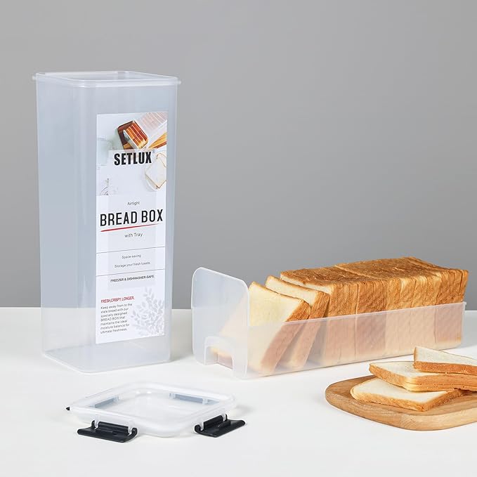 2 Pack Bread Storage Container with Tray, Plastic Bread Box with Airtight Lid, Bread Keeper for Homemade Bread, Toast, Bagel, Donut(black 2 pack)