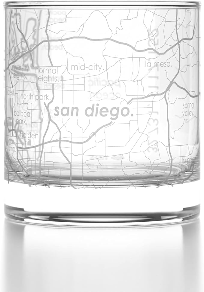 Well Told Engraved San Diego California Map Rocks Glass, Old Fashioned Whiskey Glass (11 oz, Clear) Etched Whiskey Glass, Gifts For Whiskey Lovers