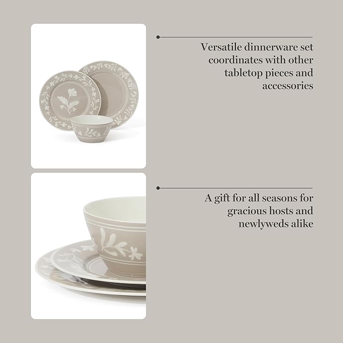 Martha Stewart Maiden Crown 12-Piece Taupe Dinnerware Set – New Bone China Ceramic Plates & Bowls – Floral Design – Service for 4 – Dishwasher & Microwave Safe