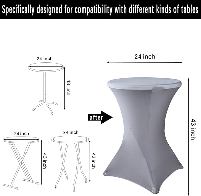 2 Pack 24x43 Inch Grey Cocktail Tablecloth Spandex Round Fitted Table Cover for Wedding Banquet Event Party