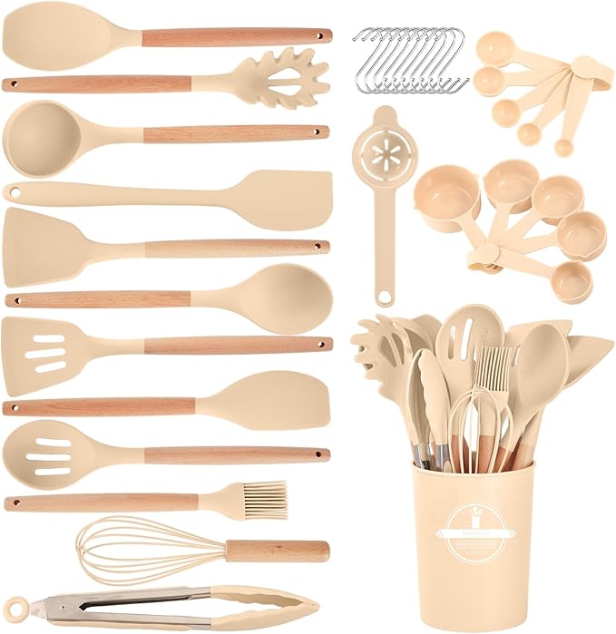 Kitchen Utensils Set - 34 PCS Non-Stick Silicone Cooking Utensils Set Spatula Set with Holder, Wooden Handle Spoon,Brush,Whisk Kitchen Gadgets Tools Set for Nonstick Cookware (Khaki-34P)