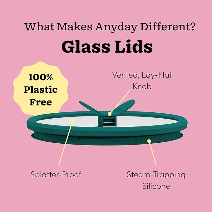 Anyday 7-Cup Glass Food Storage with Glass Lid, Round Shallow Dish | Plastic-Free Meal Prep & Microwave Cookware | Stackable Airtight Storage Container with Vented Lid for Microwave-Safe Reheating