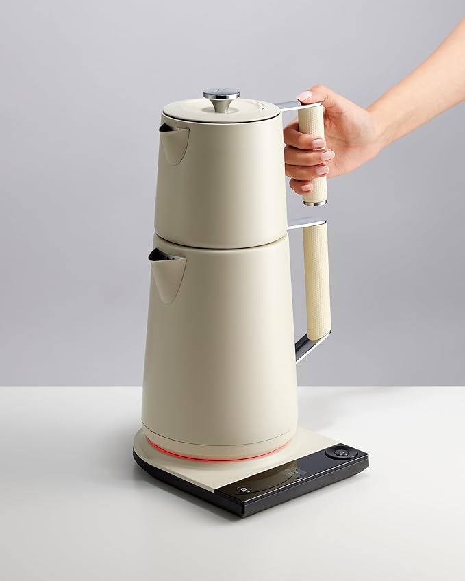 Saki Turkish Tea Maker Machine Pro, Electric Double-Pot Teapot 1.75L 120V, 120 Min Keep-Warm, Stainless Steel BPA-Free, Auto Shut-Off & Boil-Dry, LED Brew Ring, Pearl White