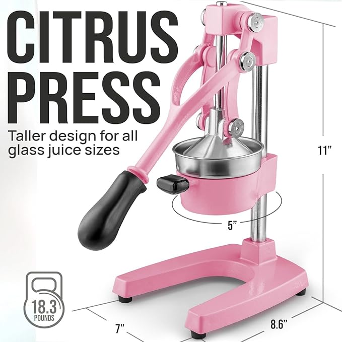 Zulay Kitchen Cast-Iron Orange Juice Squeezer - Heavy-Duty, Easy-to-Clean, Professional Citrus Juicer - Durable Stainless Steel Lemon Squeezer - Sturdy Manual Citrus Press & Orange Squeezer (Pink)