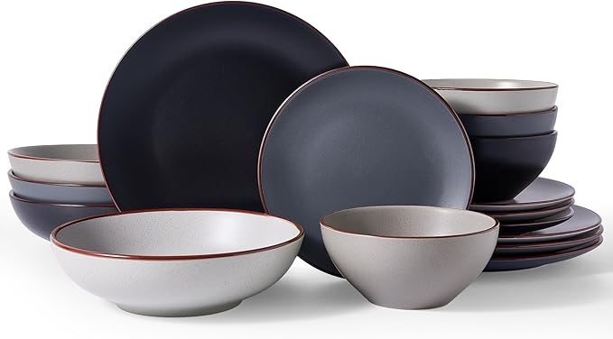Famiware Venus Speckled Dinnerware Set with Pasta Bowls, Service for 4 (16 Pieces), Stoneware Plates and Double Bowls Sets, Microwave & Dishwasher-Safe Dishes with Trim, Matte Multi-color