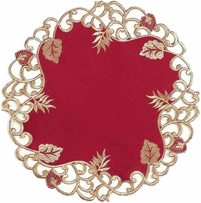 Decozen Set of 4 Doilies for Table, Lace Doilies Rustic Farmhouse Kitchen Dining Table Centerpiece Decor, 15 Inch Gold Burgundy Round Placemats for Home, Valentines Day Gifts, Valentines placemats