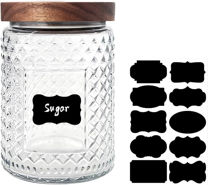 Glass Jar with Wood Lid and Label - 24 OZ Small Airtight Storage Container for Kitchen Pantry Bathroom Countertop, Decorative Vintage Canister for Candy, Cookie, Treat, Sugar, Coffee, Tea, Salt, Nuts