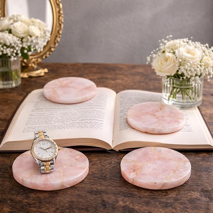 Set of 4 Natural Rose Quartz Coasters – Crystal Stone Drink Coasters for Coffee Table Decor, Serveware, Wine & Bar Coasters, Wedding Gift, Table Organizers, Housewarming Gifts, Gifts for her