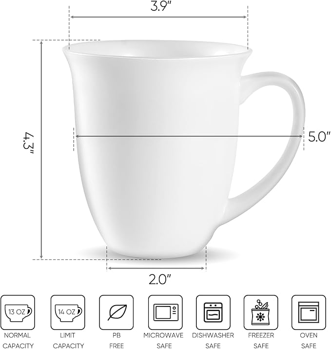 Fine Bone China Coffee Mugs Set of 4, 13 Oz White Tea Cups with Outwardly Tilted Rim, Wide Mouth Lightweight Ceramic Coffee Mugs, DIY Gifts for Coffee & Tea Lovers