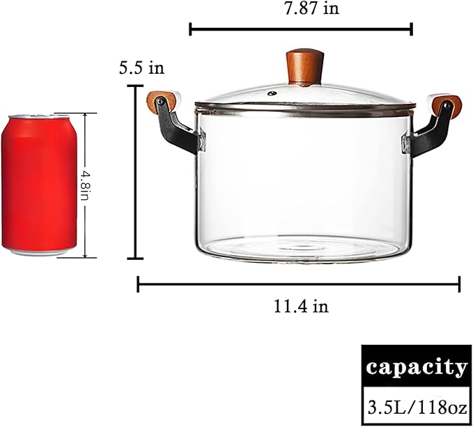 Glass Simmer Pot 3.5L Pots for Cooking with Cover and Wooden Handle Glass Cookware for Stovetop Safe for Pasta Noodle Soup Milk Baby Food(118 oz)