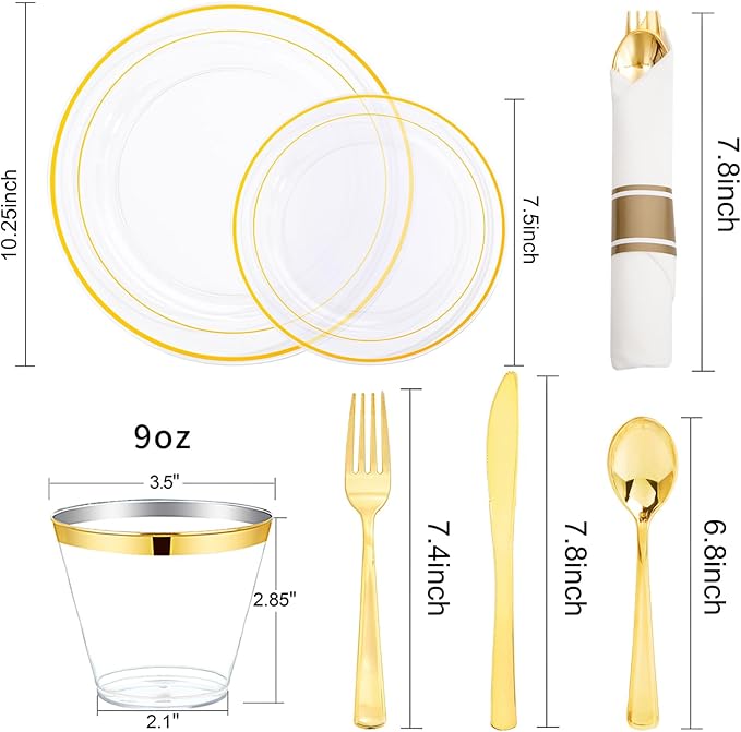 WELLIFE 350PCS Clear-Gold Plastic Plates - 100 Disposable Plates, 150Plastic Silverware, 50 Cups, 50 Napkins for Wedding & Party