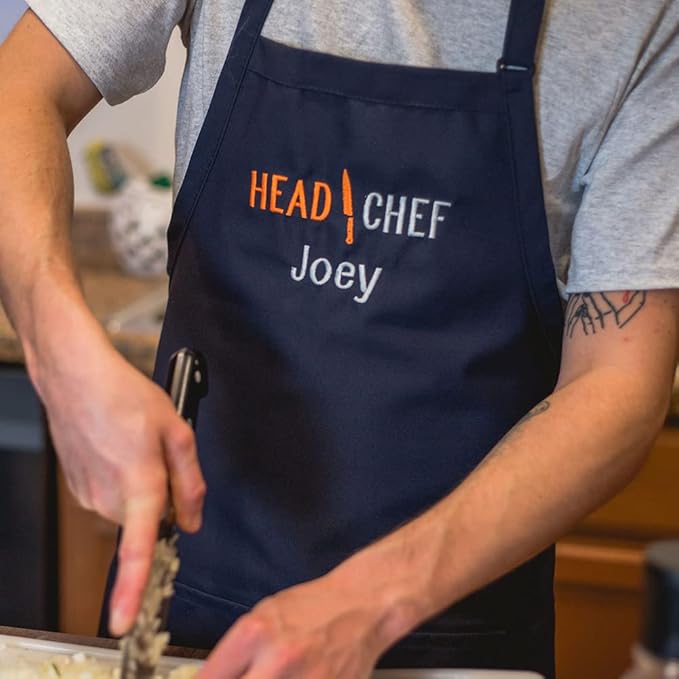 Personalized Adult Apron for Dad, Men Women Embroidered Head Chef Design Customizable 2 Pocket Apron