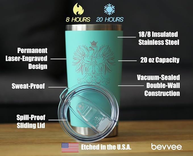 Bevvee Polish Eagle - Insulated Coffee Tumbler Cup with Sliding Lid - Stainless Steel Travel Mug - Poland Gifts or Party Decor for Polish Women and Men - Teal