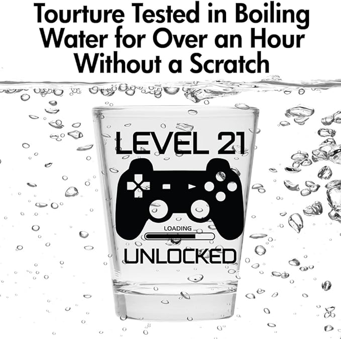 Make Em Laugh Level 21 Unlocked Shot Glass – Funny 21st Birthday Shot Glass for Him or Her – Celebrate Turning Twenty-One with Party Supplies and Drinking Gifts for Men and Women