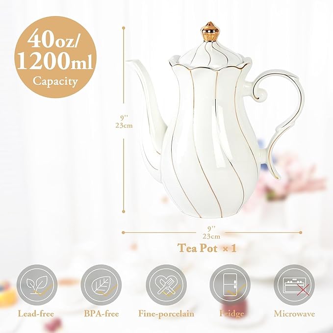 DUJUST British Style Porcelain Teapot (40oz), Luxury Ceramic Teapot with Golden Trim, Food Grade Tea Pot with Built-in Filter, for Tea Party & Home Décor - White