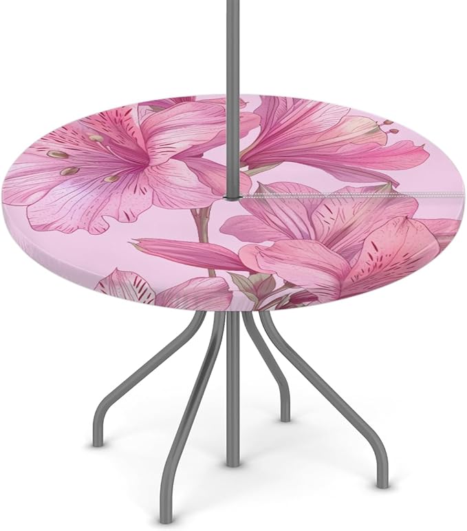 Fitted Round Tablecloth With Umbrella Hole and Zipper Exquisite Flower Outdoor Circle Tablecloth With Elastic 45"-56" Showy Flower Waterproof Oil-Proof Patio Table Cover for Picnic Camping Party