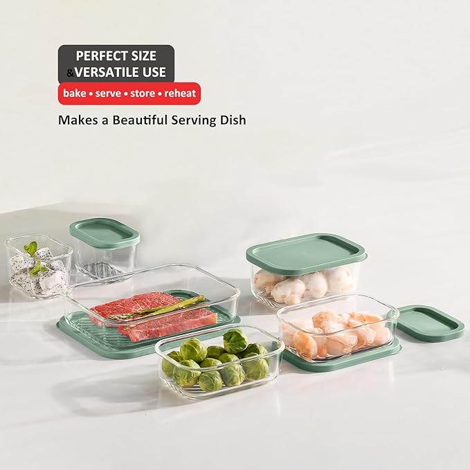 EATEX 6 Pack Glass Meal Prep Containers with Grooved Base, 6 Stackable BPA Free Glass Storage Containers with Lids for Lunch, Pantry, and Kitchen - Microwave, Dishwasher Freezer & Oven Safe - Sage