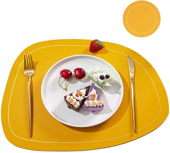 PU Leather Round Placemats and Coasters Easy to Clean Faux Leather Elegant Kitchen Parties Patio Dining Table Place Mat(SP Yellow)