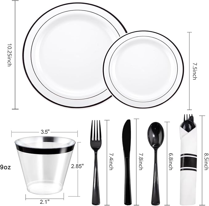 WELLIFE 210Pcs Black Plastic Dinnerware with Pre Rolled Napkins, Include:30 Dinner Plates, 30 Dessert Plates, 30 Paper Napkins, 30 Cups, 90 Plastic Cutlery
