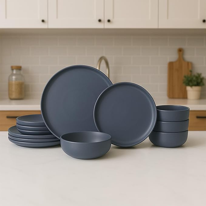12-Piece Matte Blue Dinnerware Set,Stoneware Dinnerware for 4, Microwave & Dishwasher Safe, Stackable Design for Kitchen and Dining - Plates and Bowls