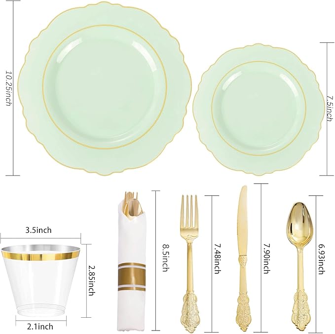 Liacere 350PCS Light Green Plates - Disposable Green and Gold Plastic Plates 50guest Baroque Dinnerware include 100Plates,50Pack Pre Rolled Napkins with Silverware 50Cups for Wedding ＆ Easter Day