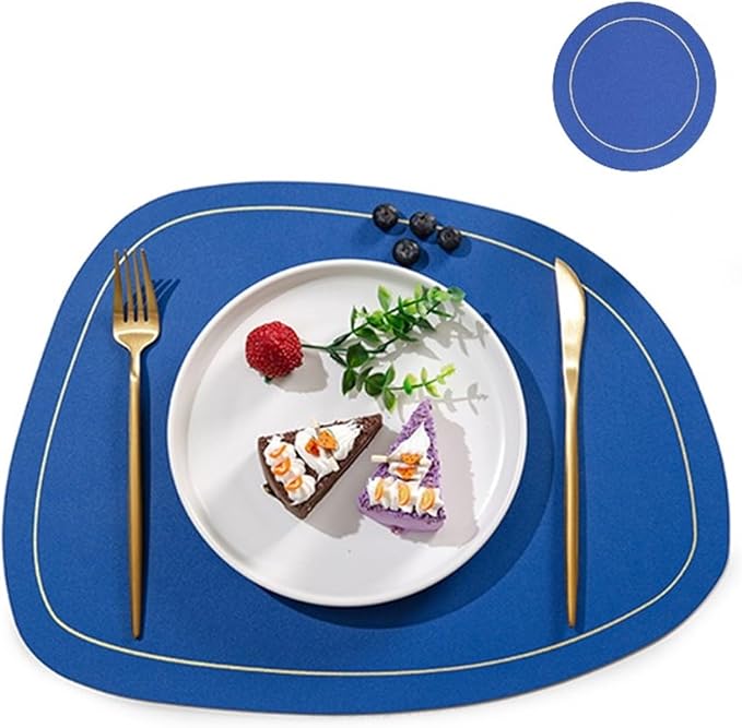 PU Leather Round Placemats and Coasters Easy to Clean Faux Leather Elegant Kitchen Parties Patio Dining Table Place Mat(SP Blue)