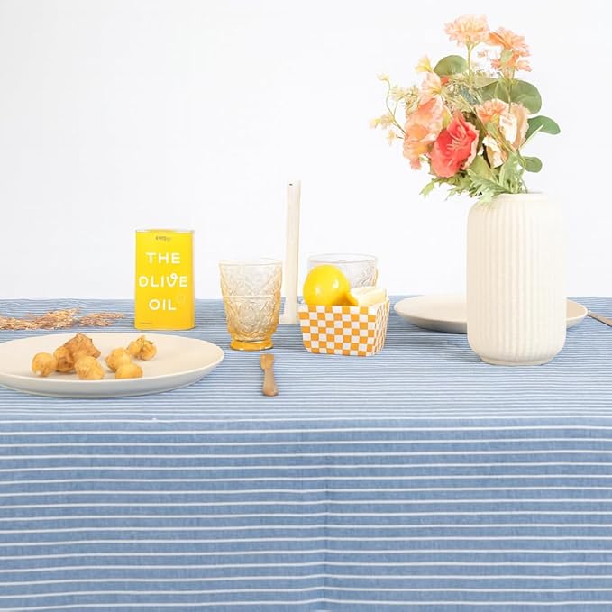MONDAY MOOSE Striped Farmhouse Picnic Style Decoration Rectangle Natural Stonewashed Cotton Tablecloth for Kitchen, Dining Room, Restaurant (60x102 inch, Blue/White Stripes)