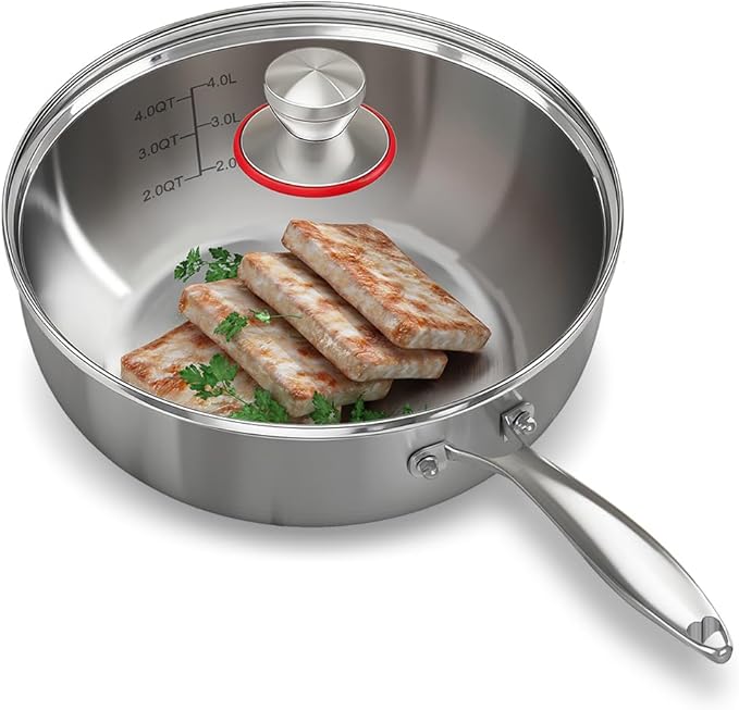 Tri-ply Stainless Steel Saute Pan 6-Quart with Clear Lid Deep Frying Pan for Chef's Cooking Wok Induction Oven Dishwasher Safe, Compatible with All Cooktops(Detachable Handle, 12 Inch)