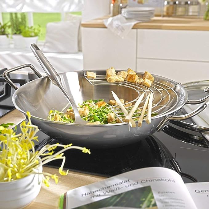 Zwilling Wok, Glass Lid and Removable Grid Insert, Incl. Long Handle, Suitable for Induction, Stainless Steel, Plus,Silver, Ø 32 cm